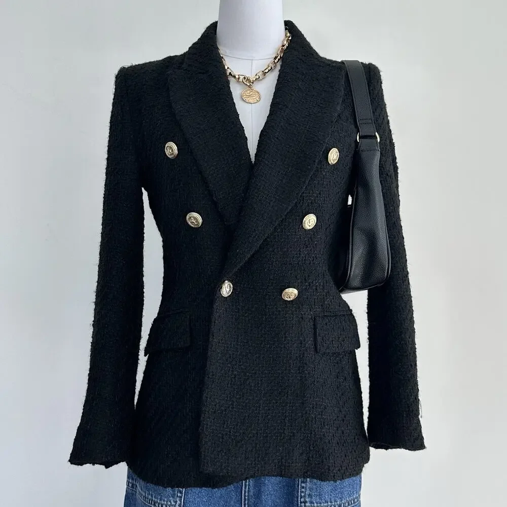 Zara Tweed Jacket Womens Medium Double Breasted Boucle Equestrian Academia Chic - Picture 1 of 16